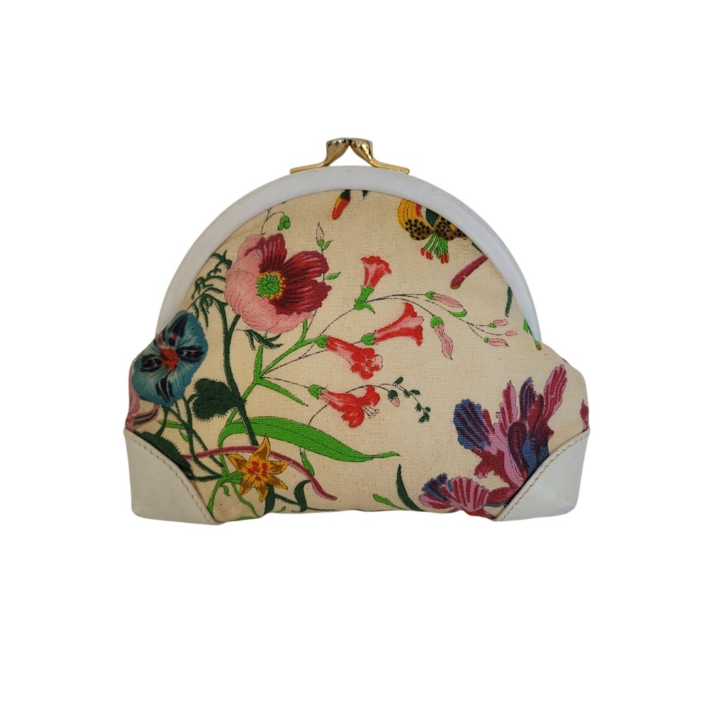 Vintage Gucci Flora Canvas Cosmetic Bag White Leather Kiss Lock 039-416-0335